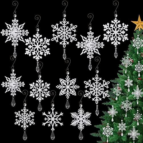 12pcs Decorações de árvores de Natal Ornamentos de floco de neve - flocos de neve de plástico com ornamento Ganch Crystal Drop para