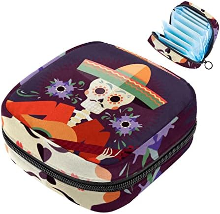 Bolsa de armazenamento de guardanapo sanitário, bolsa de maquiagem, bolsa de tampão, bolsa de almofada, bolsa de xícara menstrual, padrão de guitarra de esqueleto mexicano de flores vintage