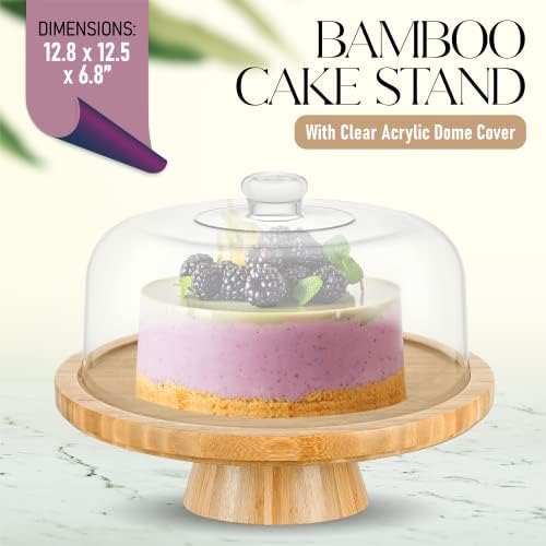 Suporte de bolo de bambu com cúpula multi -função 6 em 1 suporte de bolo de bolo prato, suporte de vegeta