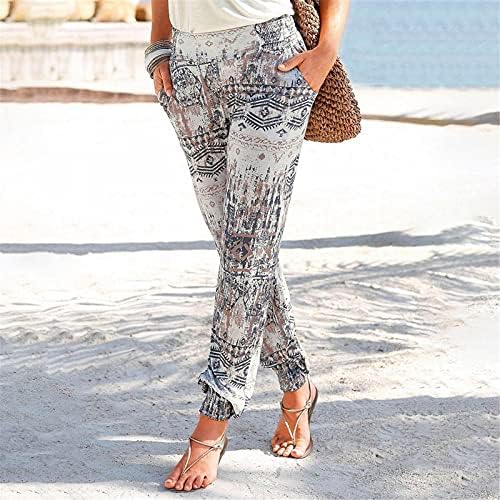 Calça feminina cargo moderno feminino companheiro de cintura alta bolso de impressão longa calça calças de praia boho