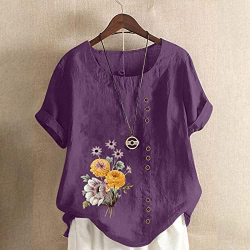 Camiseta feminina de linho de castom, fofas camisetas florais de manga curta tops de tamanho grande casual bloqueio de