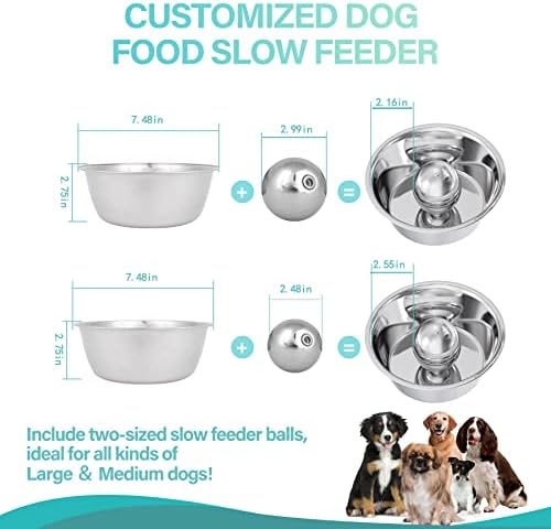 Tigelas de cães de alimentador lento desmontável - aço inoxidável - asewotos 2pcs cães tigelas lentas de alimentador, tigela de comida