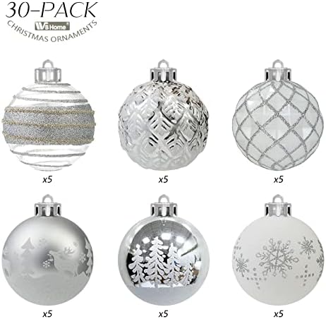 WBHome 30ct Bola de Natal Ornamentos de Bola Conjunto de 2,36 polegadas / 60mm - Prata e Branco, Decorações de Natal à prova