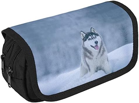 Huskies siberianos na bolsa de lápis de neve de camada dupla camada de capa de papelaria saco de maquiagem Bolsa do porta