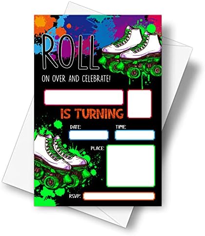 Detiho 4 x 6 Glow Roller Skate Birthday Party Invitation Cards com envelopes - Roll Over e comemore - NEON GLOW In The Dark Skate Party Invitation - 20 sets - E20