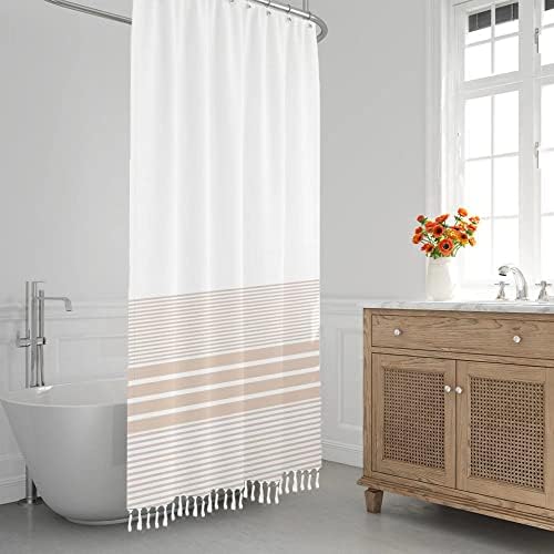Giumsi 72 x72 cortina de chuveiro bege com borla branca 12 ganchos para banheiro domicílio boho clássico fazenda decorações