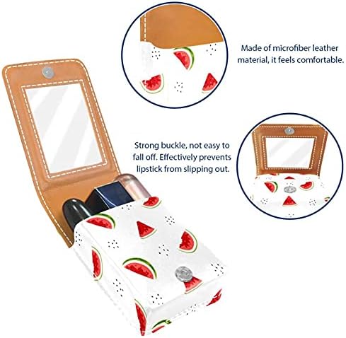 Fatias de melancia wanlipous padrão de batom pequeno com espelho para bolsa, suporte de maquiagem cosmética de couro durável, kit de armazenamento cosmético de viagem portátil