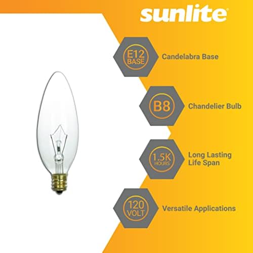 Sunlite 01272 Trepedo incandescente Tipa de lâmpada de lustre transparente, 25 watts, 180 lúmens, base de candelabros, diminuído, para