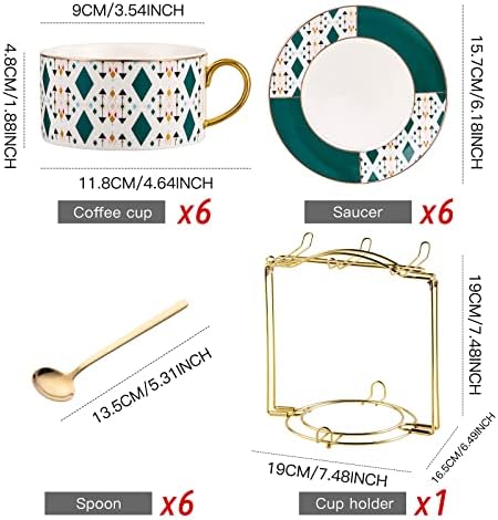 Conjunto de café e pires de porcelana de estilo Bohemian de estilo Bohemian, conjunto de 6 com suporte de metal, capacidade de 7 onças