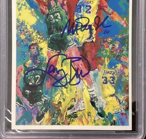 Magic Johnson assinou o cartão postal Leroy Neiman Larry Bird Lakers PSA/DNA Mint 9.5 - NBA Cut Signature