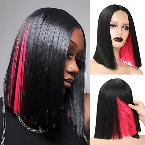 Destaque rosa Bob peruca curta perucas bob retas para mulheres negras, rosa peekaboo bob renda sintética peruca frontal de 12