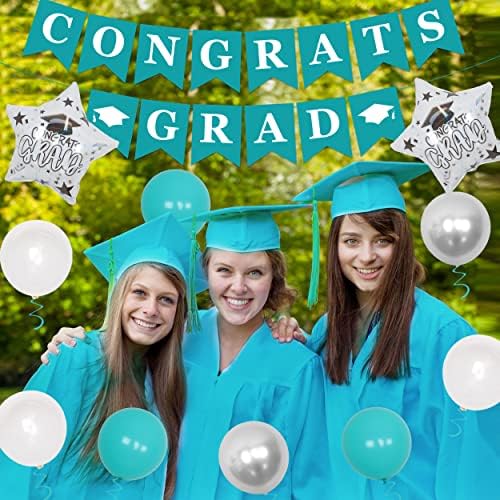 Decorações de graduação 2023 Teal White Silver, Parabéns Topper Topper Turquoise, número 2023 Balão, balões de estrela