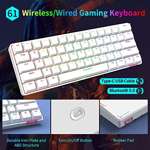 NACODEX STK61 2.4GHz Wireless/Bluetooth/teclado mecânico de 60% com fio | 1000mAh Ultra Compact Rainbow Backlit Gaming Keyboard Wired Programmable for Win/Mac/PC Gamer