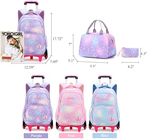 Lanshiya 3 PCs Dream Princess Wind Rolling Mackpack para meninas Bolsa de viagem com rodas Bolsa de escola rosa Seis rodas