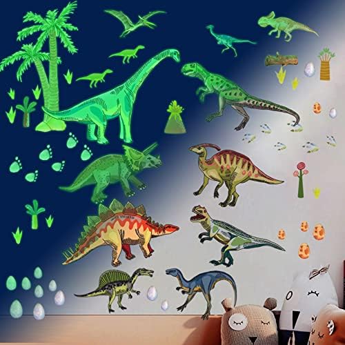 Adesivos de parede de dinossauros adesivos para o quarto dos meninos, brilho no dinossauro escuro decalques de parede