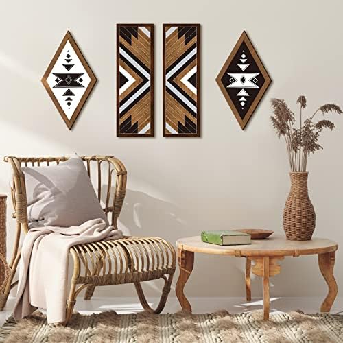 Maitys 4 peças Boho Art Wall Art Wooden Aztec Sign Wood Farmhouse Wall Wall Holding Geometric Diamond Home Wall Decor para quarto, sala de estar, impressões de arte de parede rústica na madeira