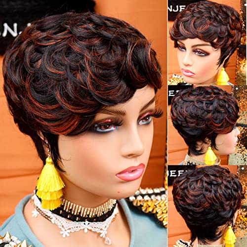 Perucas pixie cortadas para mulheres negras cabelos humanos preto misto laranja marrom 1b/350 cor curta curta perucas para mulheres