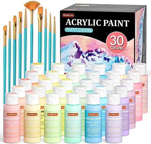 Pacote de tinta acrílica pastel 40, arte de transporte 30 cores tinta acrílica com 10 pincéis, garrafas de 60 ml/2 onças, alta