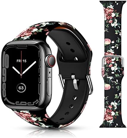 Oocase Black Silicone Sport Bands Compatível com Apple Watch 38mm 40mm 41mm para homens mulheres garotas, Black Rose Floral sem faixas de pulseira para Iwatch Series Se 8 7 6 5 4 3 2 1 Utral