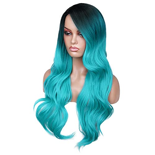 Fave ombre azul verde peruca longa ondulação parcial parte peruca resistente a calor Cabelo sintético Teal peruca azul peruca peruca