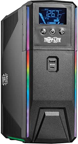 Tripp Lite Pure Wave Gaming UPS Backup de bateria, 1000VA 600W 120V, LCD destacável, regulamentação automática de tensão, USB, luzes LED RGB, garantia de 3 anos e seguro de US $ 250K