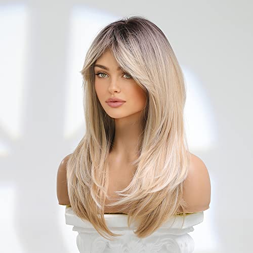 Perucas loiras para mulheres longas perucas loiras com franja peruca de cabelo sintético em camadas com raízes escuras