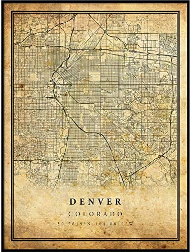 Denver Mapa Vintage Style Poster Print | PRIMAGEM DE ARTE DA CIDADE DA CIDADE ANTIGA | Decoração de casa de estilo antigo |