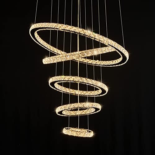 Iluminação de lustre de cristal de siljoy, lustre de LED moderno de 5 anel com cristais K9, lustre de teto alto de 3