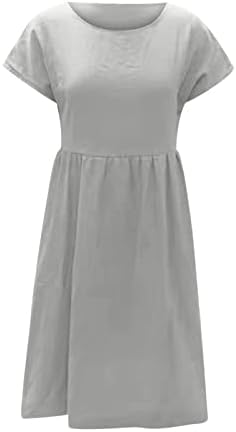 Vestido de linho de algodão do verão de Yraetenm Vestido casual de cor sólida redonda de pescoço 2023 vestido de manga