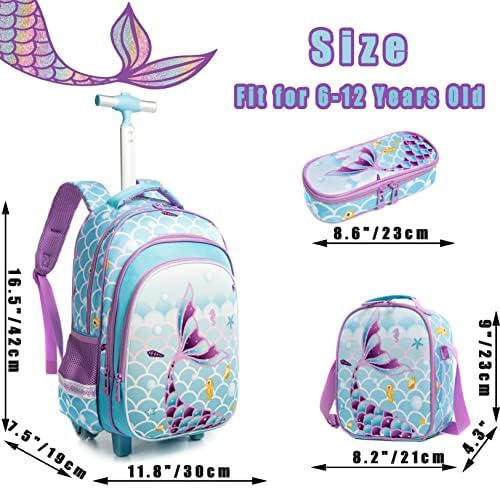 Meetbelify Girls Rolling Backpack Wheels Backpacks Bagagem infantil para estudantes de pré -escolar do ensino fundamental