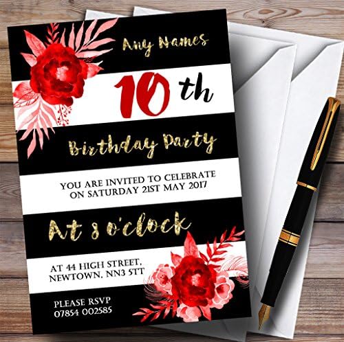 Black White Listrado Dourado Vermelho Flor 10º convites de festa de aniversário personalizados