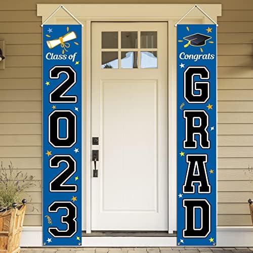 Decorações de graduação KMUYSL Class de 2023, Blue e Black Parabéns Bandeira pendurada Bandeiras Sinais de varanda,
