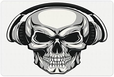 Lunarable Skull Pet tapete para comida e água, DJ Punk Skull ouvindo música com fones de ouvido Hippie Dead Crossbones Party,