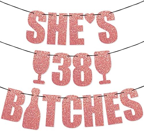 Partyforever 38º Banner de decorações de festas de aniversário para mulheres com 38 putas de ouro rosa ouro litter letra para