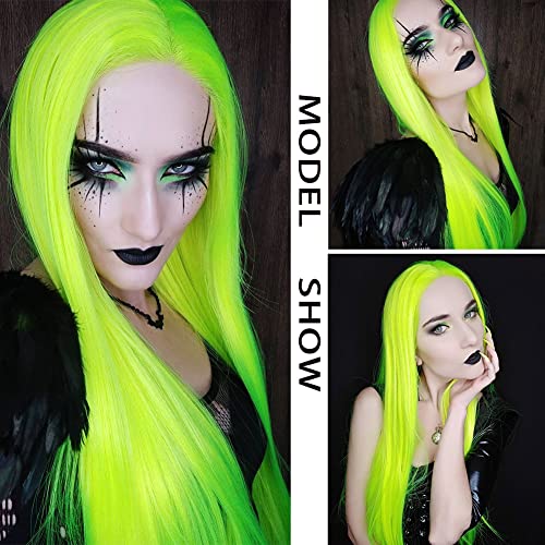 Amnenl Green Green Longo de renda longa reta perucas dianteiras para mulheres neon longa peruca realista reta de renda