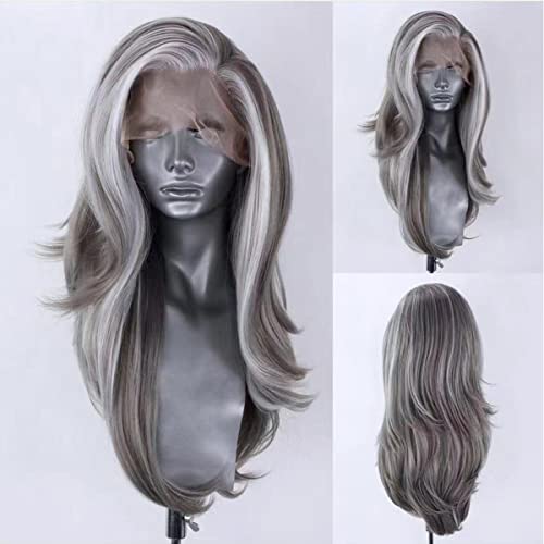 Cocofans Silver Grey Wigs com destaques brancos de ondas naturais Mistura de onda de cor sintética de renda frontal