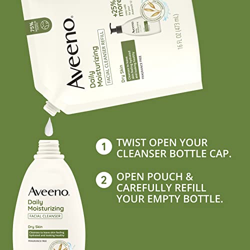O limpador facial hidratante diário de Aveeno com aveia não-OGM suave, deixa a pele que se sente hidratada, macia e flexível,