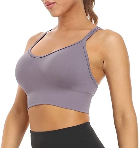 Veqking Women Strappy Sports Bra Cross Back Medium suporta sutiã de ioga acolchoada removível sem costura para o treino de