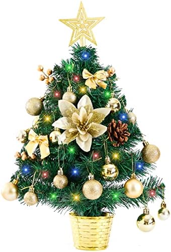 Mini árvore de Natal de 24 , árvore de natal artificial com luzes brancas de luz branca multicolorida e quente e ornamentos pendurados, para decorações de bricolage de DIY do escritório de Natal | verde, ouro