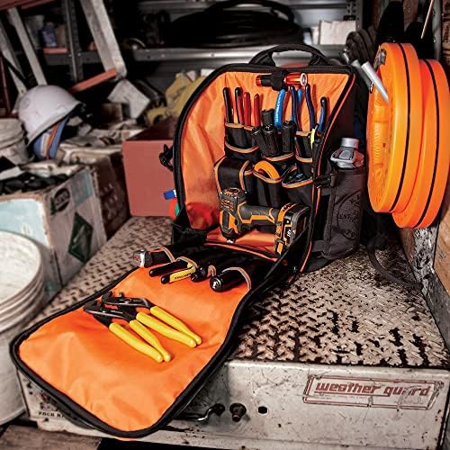 Klein Tools 55482 Backpack da bolsa de ferramentas, organizador de ferramentas de comércio para serviços pesados ​​com 21 bolsos e interior grande, resistente à água