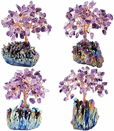 Pacote MookaitEdecor - 2 itens: Árvore de cristal de ametista com cluster Rainbow Titanium Crystals Base e Rose Quartz Crystal Egg Fatuetas de pedra preciosa com decoração de pedra para decoração de casa