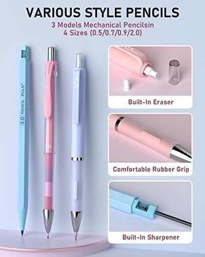 Nicpro 45pcs Pastel Mechanical lápis com grande capacidade de lápis, lápis mecânicos fofos 0,5, 0,7, 0,9, 2mm com