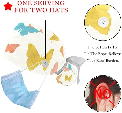 2 Pacote de tampas de trabalho com botão, borboletas azuis amarelos laranja bouffante chapéu Chapéus mulheres cabelos longos