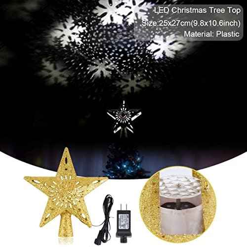 Decorações de Natal Casa e Décor de Treça de Décorchristmas ao ar livre, Topper de árvore de Natal de estrela dourada com luzes de projetor de floco de neve rotativas LED, 3D Glitter iluminado para decorações de árvores de Natal Holid