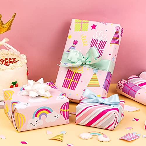 Rolo de papel de embrulho de aniversário wrapaholic - mini rolagem - 3 rolos - 17 polegadas x 120 polegadas por rolo - arco -íris rosa, caixas de presente de aniversário, listras para aniversário infantil, chá de bebê