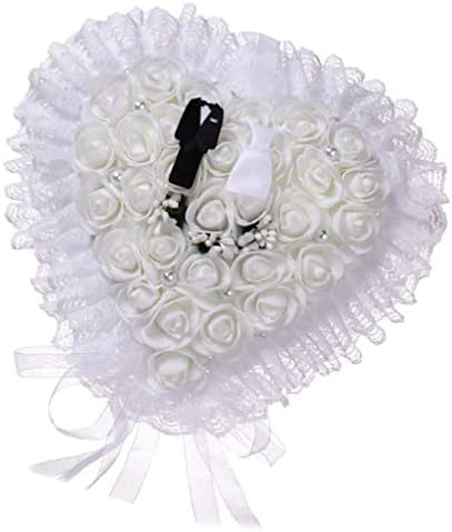 Pretyzoom anel vintage anel de casamento travesseiro noivo traje de renda de renda de coração rosa casamento de coração anel de anel de anel de casamento portador para noivado de casamento travesseiros brancos brancos