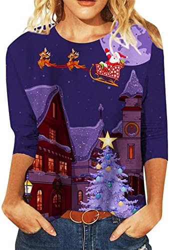 Senhoras Casual Fit Christmas Cute Cutelo Impressão de três quartos Top Top camiseta de camisa comprida Conjunto de camisa