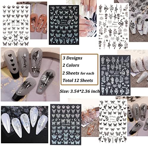 Gulelayar 12 lençóis adesivos de arte de borboleta para arte de unhas, decalques de unhas de auto-adesivo 3D Decalques de unhas prateadas a laser preto
