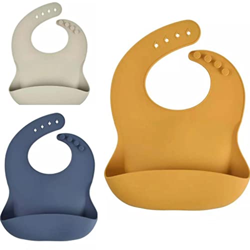 Conjunto de 3 babadores de bebê de silicone e crianças, silicone livre de BPA, babadores de alimentos, impermeável, unissex. Ajustável.