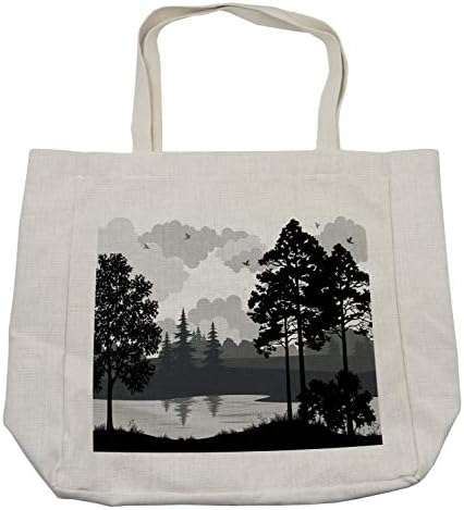 Bolsa de compras da floresta do lago de Ambesonne, rio da floresta e paisagem de silhuetas de pássaros voadores, bolsa reutilizável